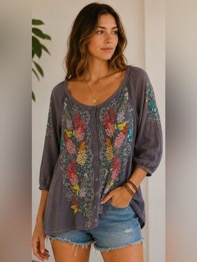 Johnny Was Embroidered Floral Peasant Top - Gray - Size Small